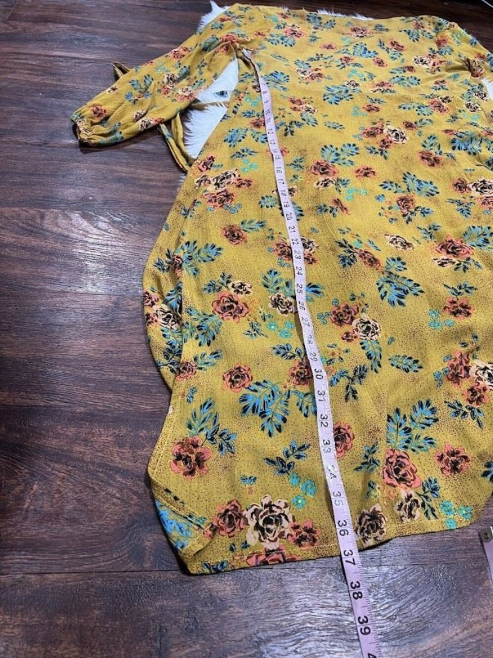 Floral Yellow Wrap Midi Dress M With Tie Waist & Long Sleeves - Picture 4 of 8